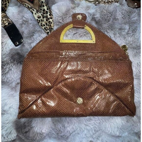 Big Buddha Faux Snakeskin Brown Clutch Oversized Gold Ornament/buckle, Purse - Picture 3 of 14